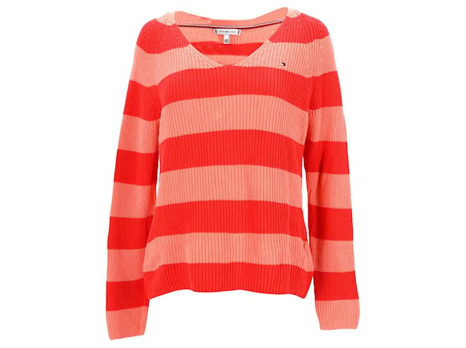 Tommy Hilfiger Pull en tricot côtelé pour femme, coupe décontractée, col en V Coton Orange  ref.1225482