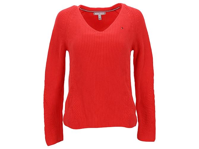 Tommy Hilfiger Pull en tricot côtelé pour femme, coupe décontractée, col en V Coton Orange  ref.1225488