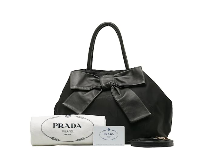 Bow Prada Handtasche mit Canapa-Logo und Schleife Schwarz Leinwand  ref.1225601