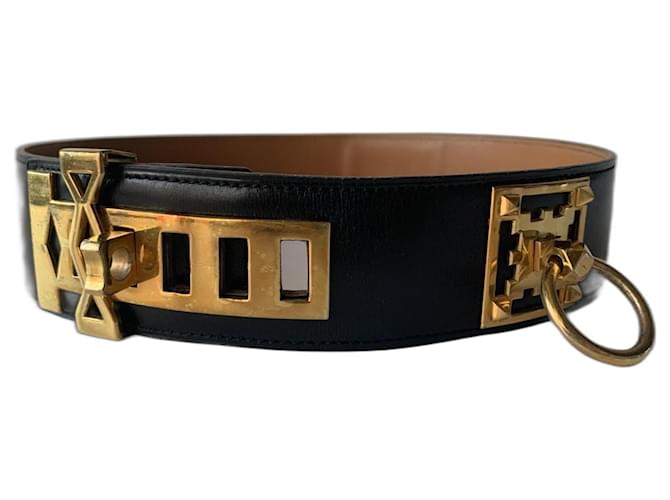 Hermès medor Black Gold hardware Leather Metal  ref.1225669