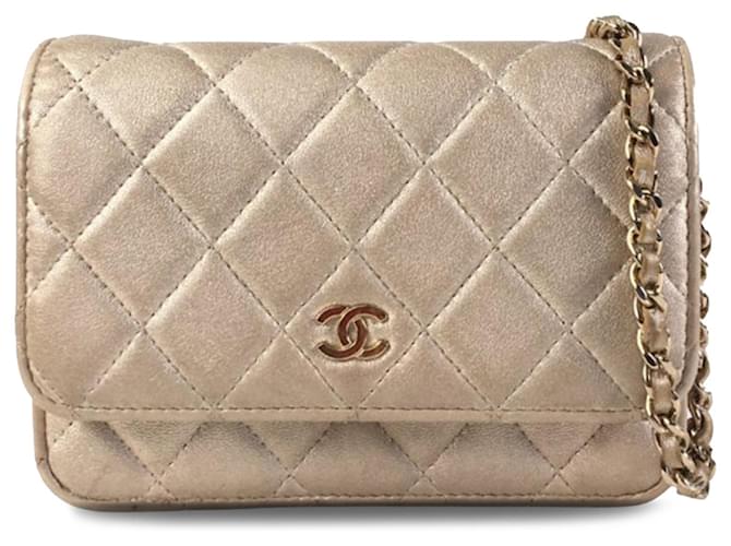 Chanel Gold Mini Lambskin CC Wallet On Chain Golden Leather  ref.1225693