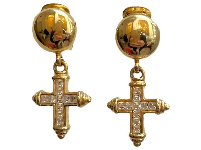 Autre Marque Boucles d’oreilles clips avec croix en strass 90s Agatha métal doré Blanc  ref.1225761