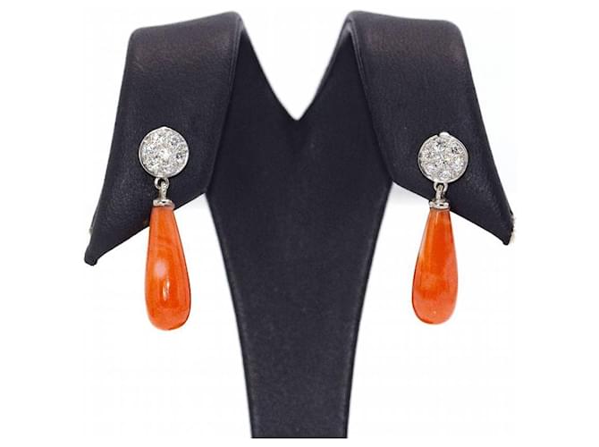 Autre Marque BOUCLES D'OREILLES Boucles d'oreilles en Or Blanc et Corail. Diamant Orange  ref.1227481