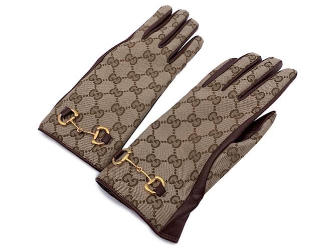 Gucci Monogram Canvas Leather Women Horsebit Gloves Size 7.5 M Brown  ref.1227725