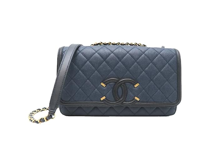 Chanel CC Caviar Filigree Shoulder Bag A93340 Blue Leather  ref.1227806