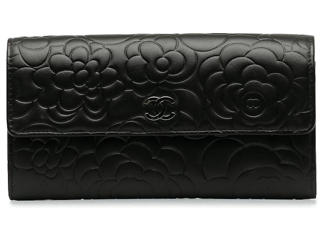 Portefeuille à rabat Chanel CC Camellia noir Cuir Veau façon poulain  ref.1227838