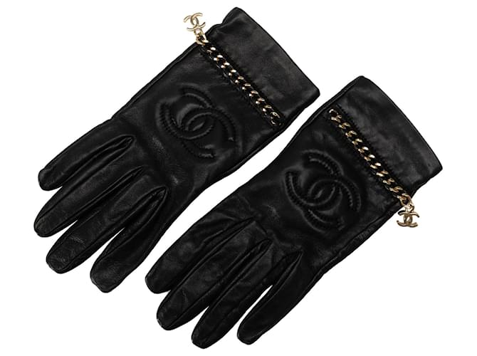 Schwarze Chanel-Handschuhe aus Lammleder mit CC-Kettengliedern  ref.1227867