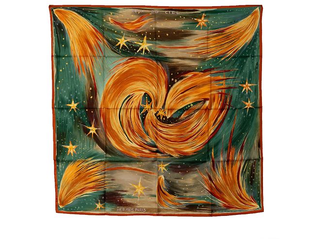 Hermès Bufanda de seda Hermes verde Feux Du Ciel