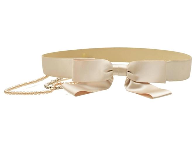 Chanel Vintage Cream Satin Bow 3ple Pearl & Chain CC Drop Belt Size 80/32 Beige Silk  ref.1227981