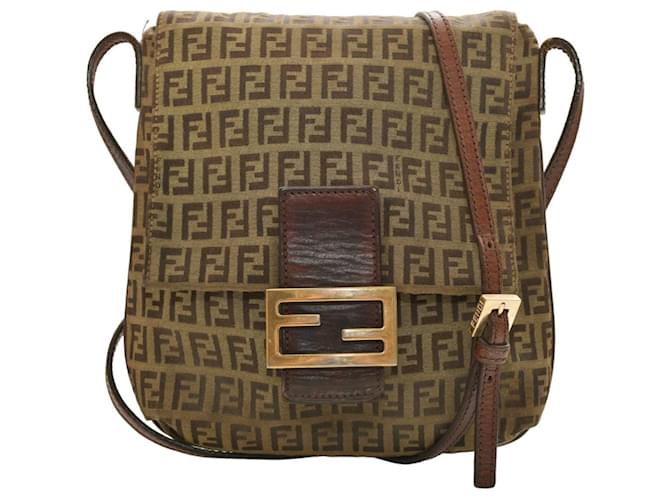 Fendi Zucca FF Brown Monogram Fabric Canvas & Brown Leather Shoulder Bag Flap Messenger  ref.1227984