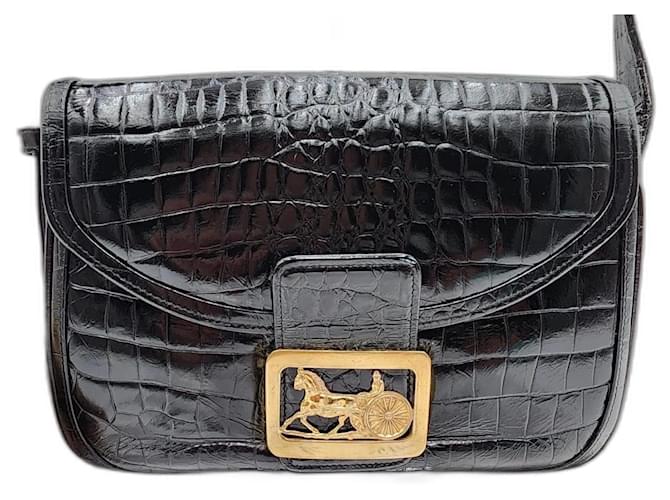 Classic Box Céline Celine Vintage Black Crocodile Skin Horse Carriage Shoulder Bag Leather  ref.1227989