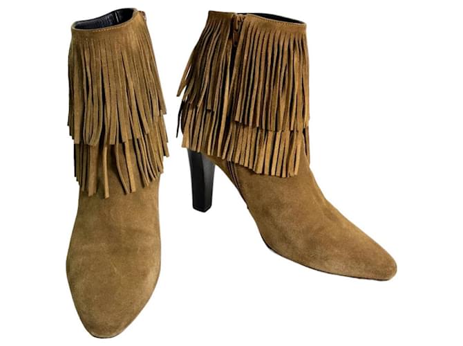 Saint Laurent Camel Beige Suede Fringe High Heels Almond Toe  Ankle Booties Shoes 38.5  ref.1228011