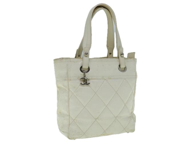 CHANEL Paris Biarritz MM Tote Bag Coated Canvas White CC Auth bs10489 Cloth  ref.1228086