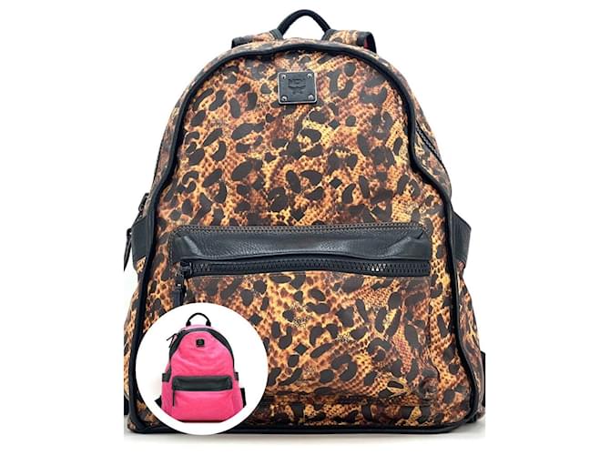 MCM Backpack Reversible Backpack Pink LeoPrint Black Bag Medium Nylon  ref.1228145