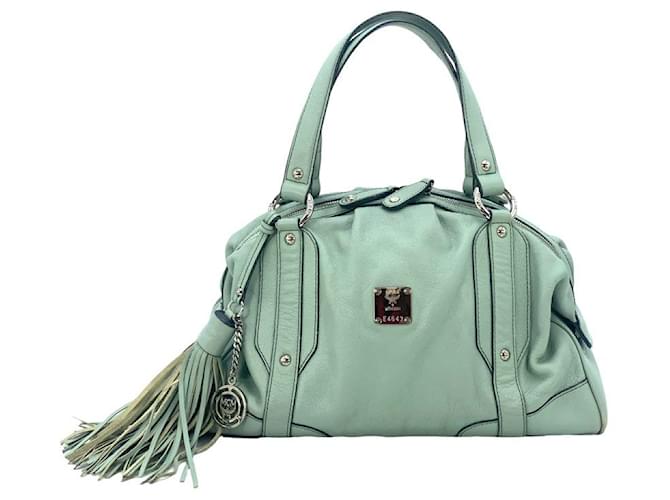 MCM sac à main en cuir avec poignée turquoise clair + pendentif pompons  ref.1228161