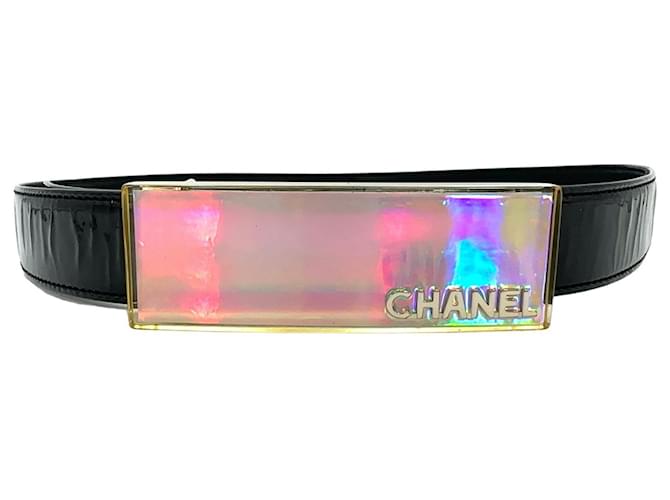 Ceinture hologramme CHANEL en cuir verni Logo CC Taille Chanel. 80 Laque noire vintage Cuir vernis  ref.1228179