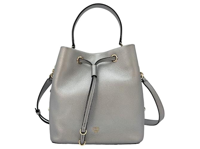 MCM 2Way Bucket Bag Silver Metallic Bucket Bag Medium Shoulder Bag Bag Silvery Leather  ref.1228182