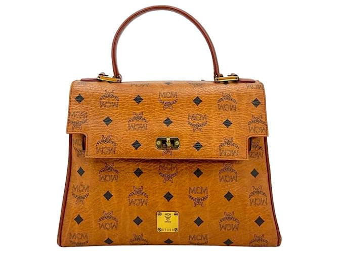 MCM Vintage Kelly Bag Cognac Brown Handbag Handle Bag Medium Logo Print  ref.1228193