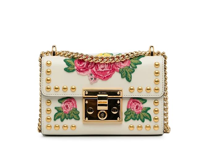 Bolsa de ombro com cadeado floral branco Gucci com tachas florais Couro  ref.1228311