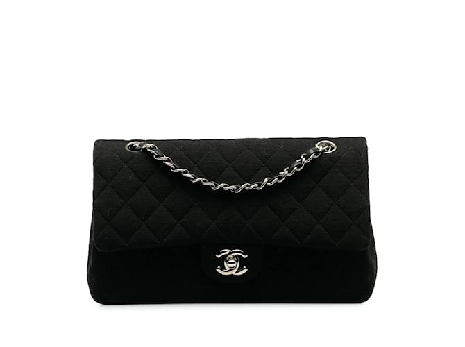 Bolsa de ombro com aba Chanel média clássica preta forrada em jersey preto Lona  ref.1228347