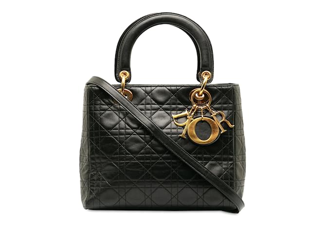 Bolso satchel Lady Dior Cannage mediano Dior de piel de cordero negro Cuero  ref.1228370