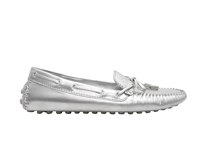 Silver Louis Vuitton Metallic Leather Driving Loafers Size 39 Silvery  ref.1228419