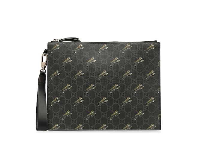 Black Gucci GG Supreme Tiger Clutch Bag Leather  ref.1228431