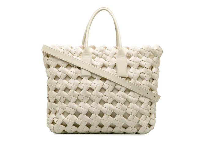 Bolso satchel tejido con ventana de lona de Bottega Veneta en beige Cuero  ref.1228452