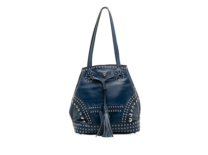 Blue Prada Soft Calf Studded Bucket Bag Leather  ref.1228467