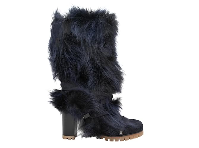 Chloé Navy Chloe Coyote Fur & Leather Mid-Calf Boots Size 37 Navy blue  ref.1228479