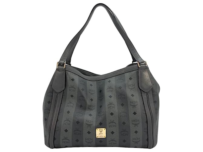 MCM Shoulder Bag Handle Bag Anthracite Gray Stripe Shopper Bag Logo Large Dark grey  ref.1228545