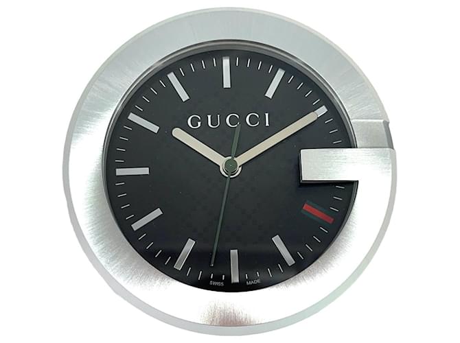 GUCCI Table Clock Silver Black Logo Table Watch Gucci Design with Box Clock  ref.1228553