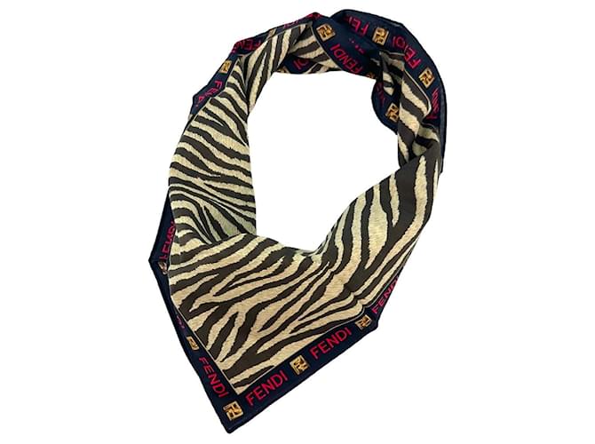 FENDI Foulard Bandana Foulard Femme Coton Imprimé Zèbre Logo Doré Marron Multicolore  ref.1228556