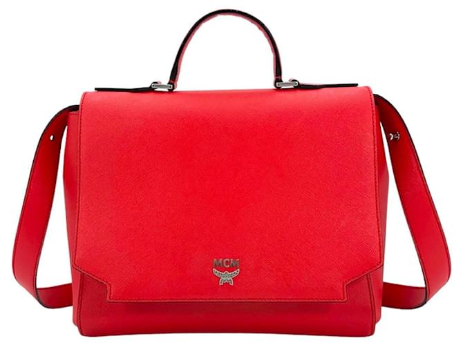 MCM Saffiano Leather Crossbody Bag Red Silver Bag Handbag Shoulder Bag  ref.1228560