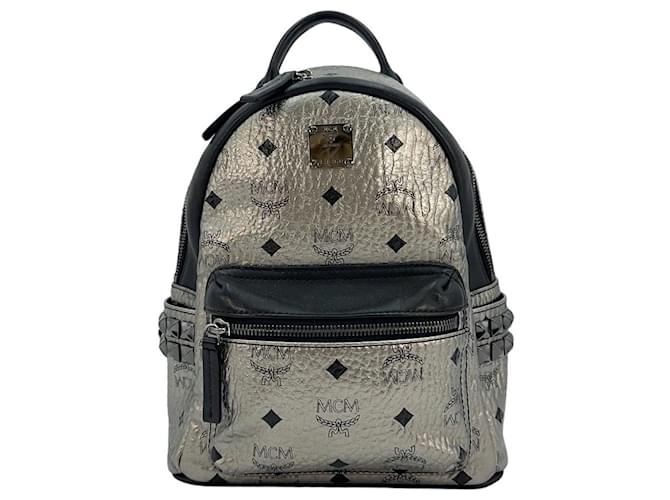 MCM Stark Backpack X - Petit sac à dos argenté avec logo métallisé imprimé  ref.1228562