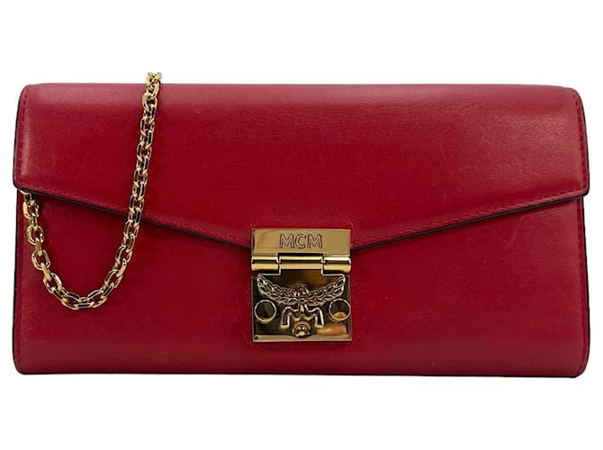 MCM Tracy Leder Crossbody Wallet Bag Clutch Umhängetasche Rot Gold Small Tasche  ref.1228563