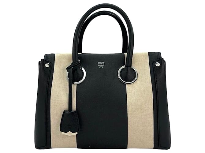 MCM Milla Tote Bag Medium Canvas Leather Black Cream Beige Top Handle Bag Multiple colors  ref.1228577