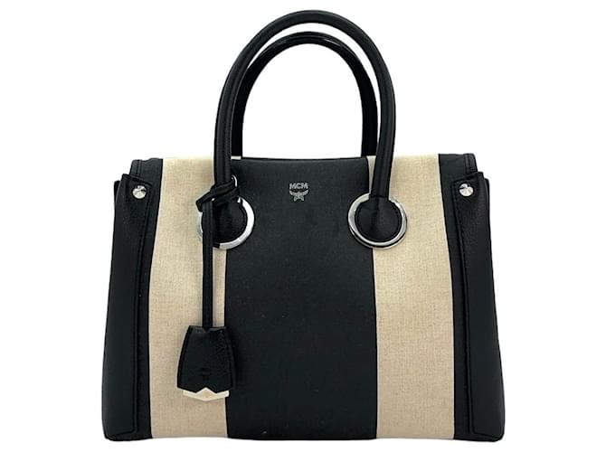 MCM Milla Tote Bag Medium Canvas Leder Schwarz Creme Beige Henkeltasche Tasche Mehrfarben  ref.1228577