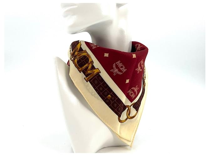 Lenço bandana MCM feminino de algodão vermelho creme dourado com estampa de logotipo Bordeaux  ref.1228585