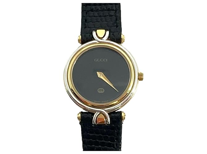 Gucci 4500 L relógio feminino relógio de pulso feito na Suíça couro preto dourado  ref.1228590