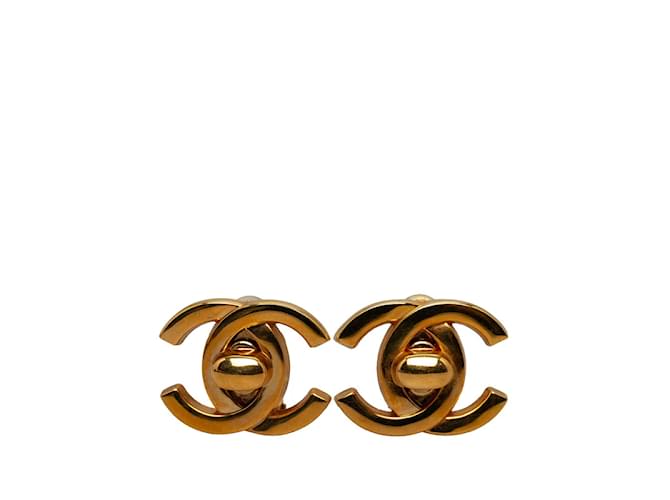 Chanel Vintage Coco Mark Turnlock Earrings Gold Plated in Great Condition Golden Metal  ref.1228729