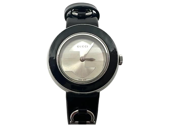 gucci 129.5 Orologio da donna in pelle verniciata, orologio in acciaio nero, prodotto in Svizzera  ref.1228742