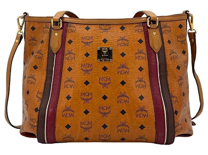MCM Shoulder Bag Handle Bag Medium Shopper Bag Crossbody Bag Stripe Logo Cognac  ref.1228749
