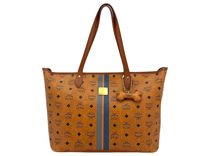 MCM Top Zip Shopper Bag Sac à main avec poignée Cognac Stripe Medium Logo  ref.1228758
