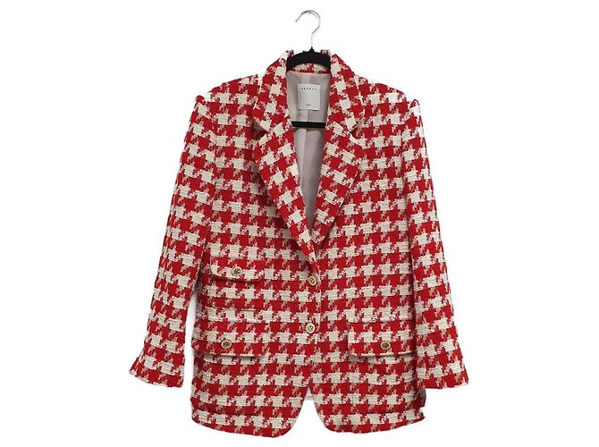 Sandro Red and White Houndstooth Blazer