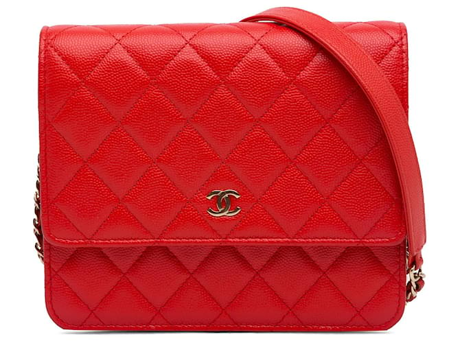 Wallet On Chain Chanel Red CC Caviar Square Wallet an Kette Rot Leder  ref.1228793
