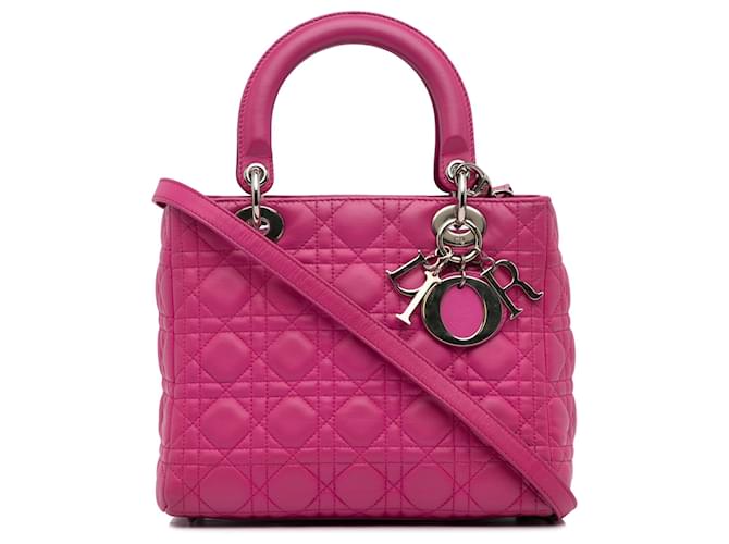 Dior Cannage em pele de cordeiro rosa médio Lady Dior Couro  ref.1228834