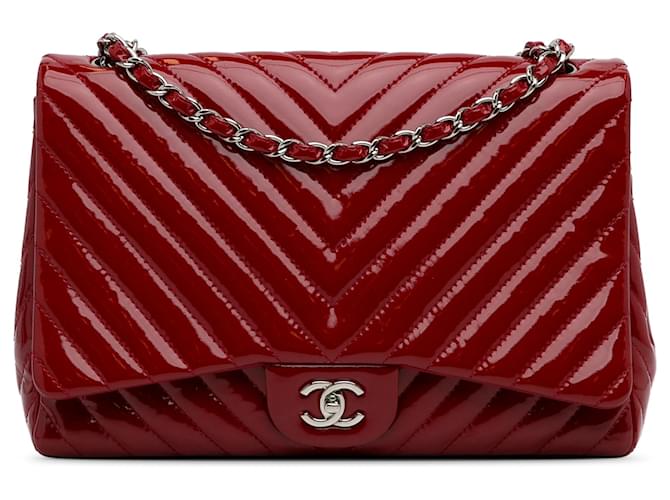 Chanel Red Jumbo Chevron Patent Single Flap Leather Patent leather  ref.1228839