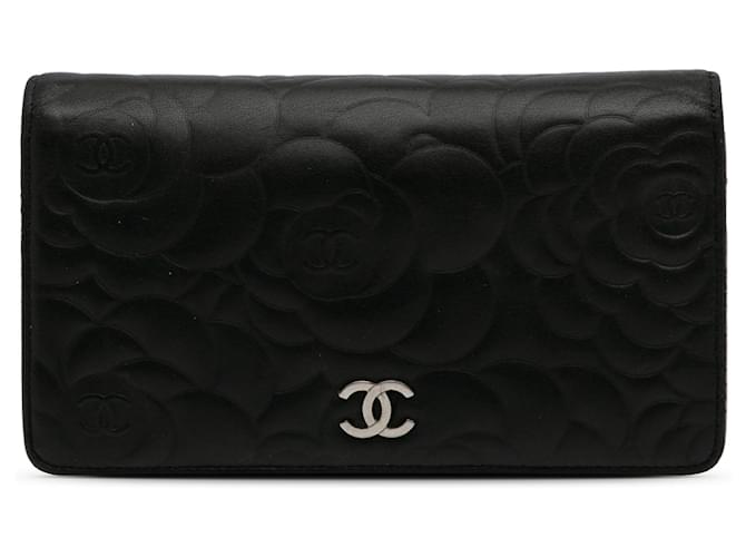 Chanel Black CC Camellia Bifold-Geldbörse Schwarz Leder  ref.1228849