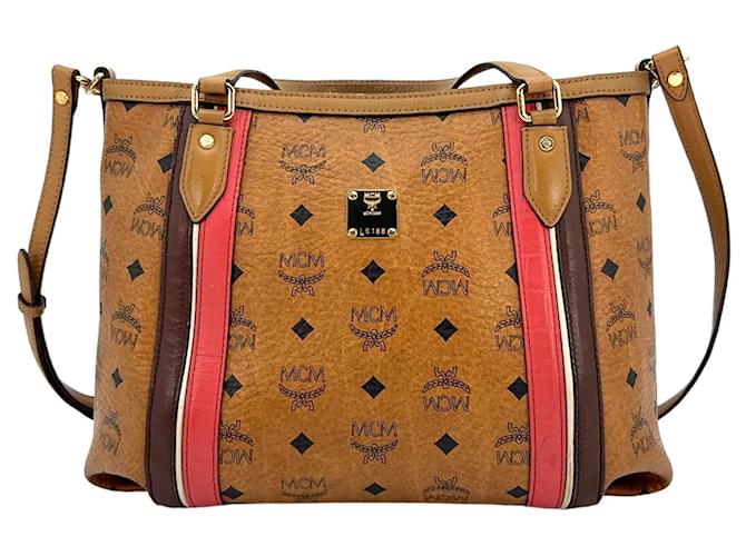 MCM Shoulder Bag Handle Bag Medium Shopper Bag Crossbody Bag Stripe Logo Cognac  ref.1228891